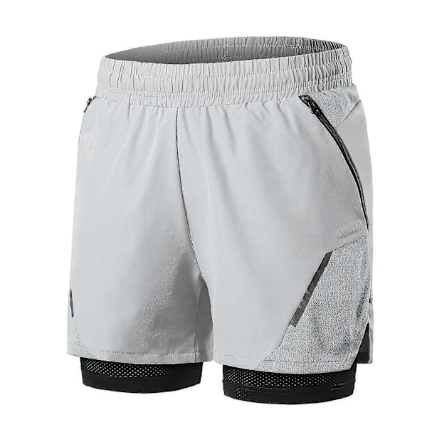2-i-1 Løbeshorts til Mænd med Lynlåslommer Hurtigtørrende Træningsshorts til Fitnesscenter Træning light grey S