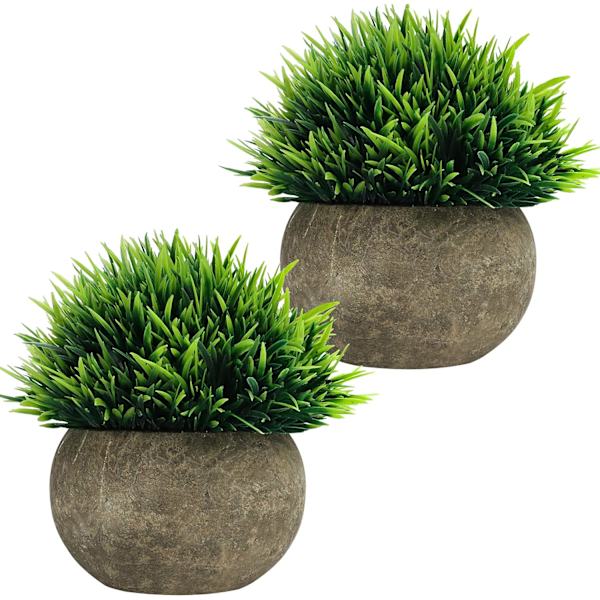 Mini konstgjorda krukväxter (2-pack) - Falska gröna grästopiarybuskar med grå kruka