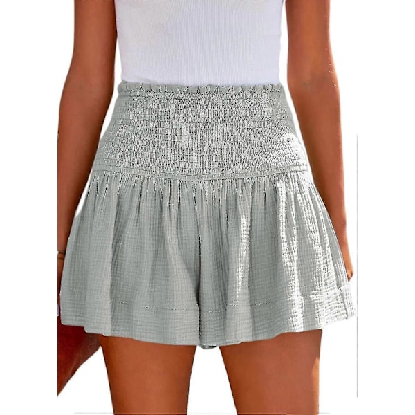 Dame Shorts Bomuld Høj Elastisk Talje Plisseret Flæse Sød Shorts Strand Flydende Afslappede Shorts S-xl Gray Medium