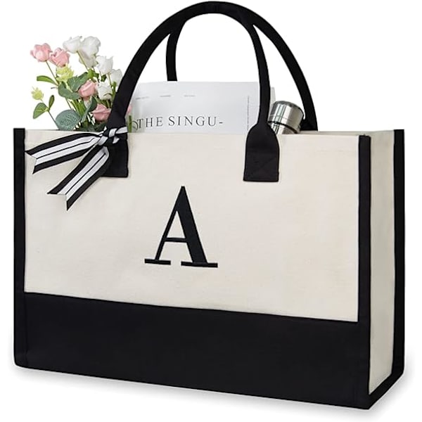 Personlig Lærred Strandtaske med Initialer, Monogram Gave Tote Taske til Kvinder