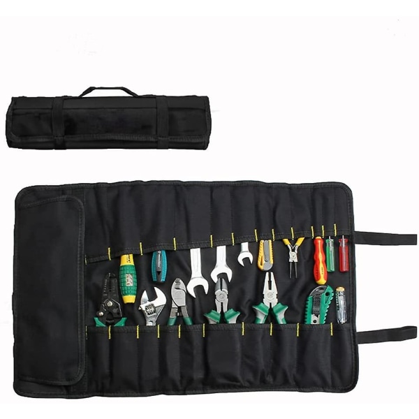 Rullende verktøyveske, 22 lommer, multifunksjonsverktøyveske, roll-up organisering, bærbar verktøypose, skrutrekker, justerbar skiftenøkkel - svart