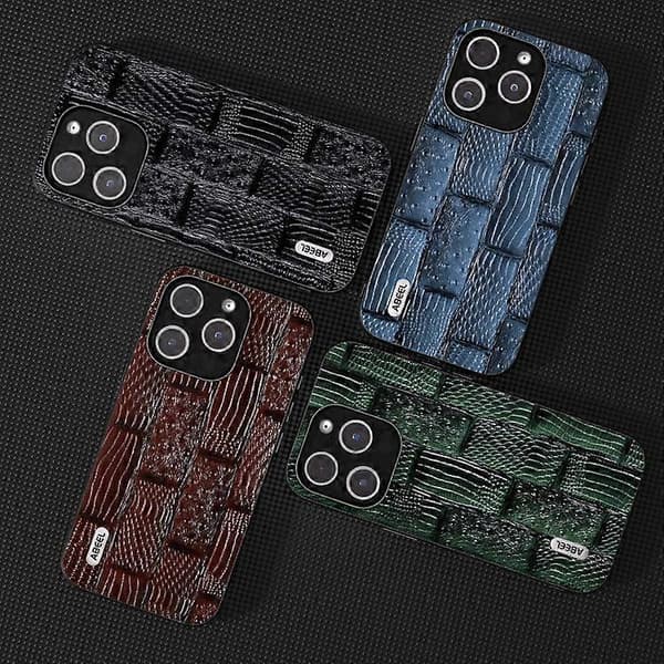 Ægte læder Mahjong-mønster sort kant telefoncover til iPhone 15 ABEEL