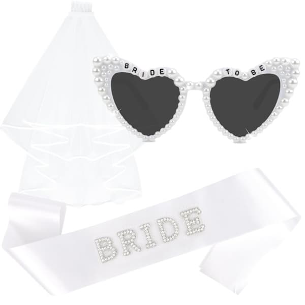 Brudeslør og Tiara Sæt med Hjerte Solbriller, Perle BRIDE TO BE Bryllupstilbehør til Brudefester og Bryllupsfester Hvid A White A