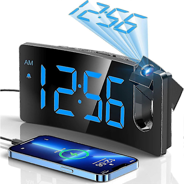 Projektionsväckarklocka, Digital klocka med 180° roterbar projektor, 3-nivås ljusstyrka dimmer Boris Blue Digit
