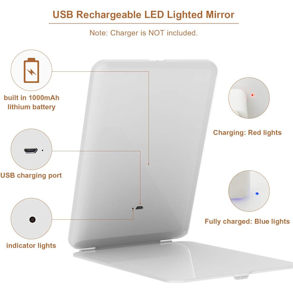 Genopladelig makeup-spejl, bærbar USB-forfængelighedsspejl med 3 farver 72 LED-belysning, touch-sensor-dæmpning, bordplade kosmetisk