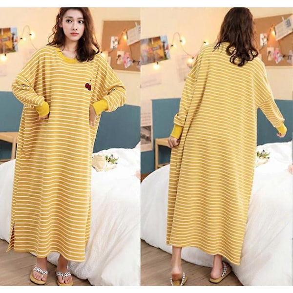 6 Väriä Rento Kotiasu Naisten Pitkähihainen Puuvilla Yöpaita Löysä Pyjama Yellow