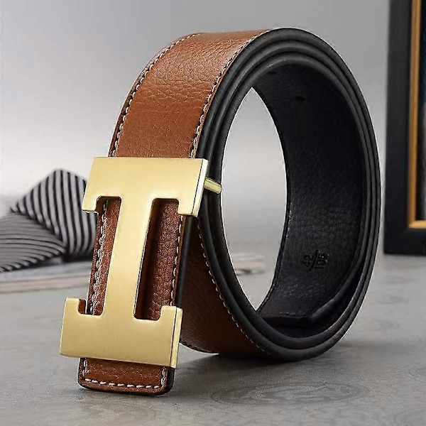 Ny stil affär ledig äkta PU-läder H slätt spänne litchi-korn bälte för män Earthy yellow silver buckle