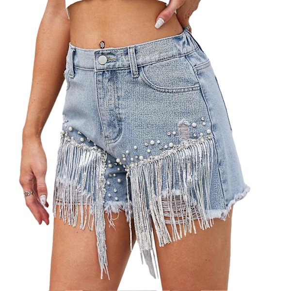 Dam Casual Shorts Polyester Bekväm Mjuk Strass Pärlbroderade Fringe Shorts för Shopping Blå L