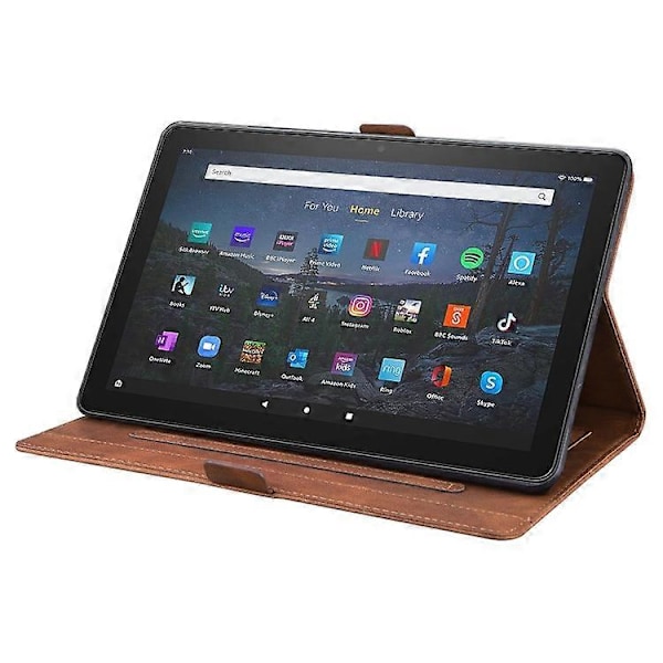 Amazon Fire HD 10 Plus 2021 / HD 10 2021 -laitteelle sopiva vaaka-asennossa avattava nahkainen suojakotelo, jossa on rakkausperhonenkuvio ja teline Brown