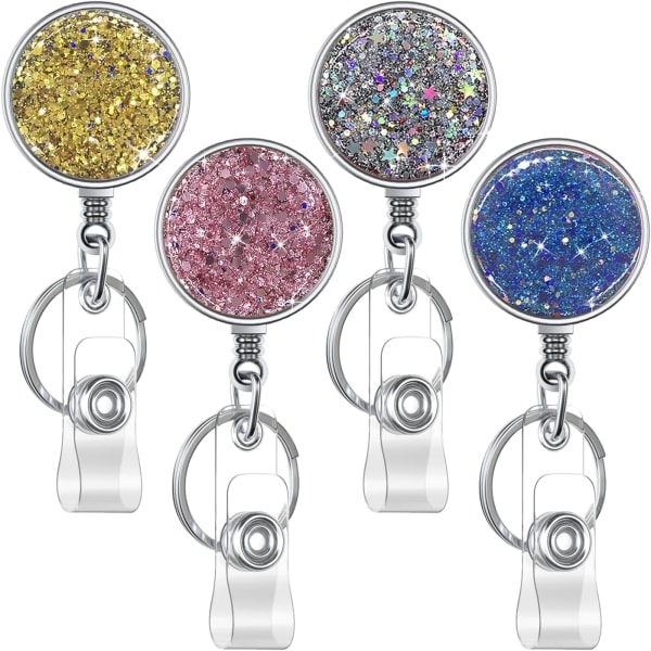 Utdragbar Badgehållare, Lätt Plast Badge Rulle Utdragbar Korthållare med Nyckelring Bakre Bältesklämma (4-pack Guld Silver Rosa Blå)