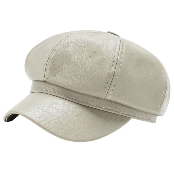 Dam Vår Sommar Basker Retro Enfärgad Konstläder Kort Skärm Dekorativt Solskydd Anti-UV Andningsbar Dam Målarhatt Unisex Åttakantig Mössa Beige