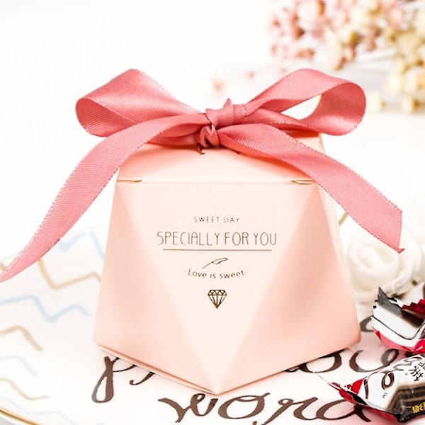 5 stk. Bryllup Diamantformet Romantisk Kreativt Bryllupsudstyr Bryllupsslik Gaveæske Pink-Rose Red Ribbon