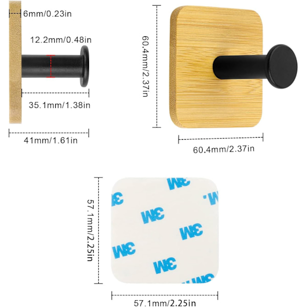 2 stk. 35 mm matte frakkekroge, selvklæbende kroge lavet af bambus og jern, stansfri vægkrog, kombination af elementer