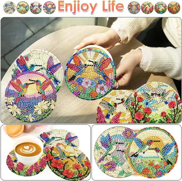 igoodom 8 stk. kolibri diamond art coaster-sæt med holder 8 Pcs Coaster(10cm Dia) MB637
