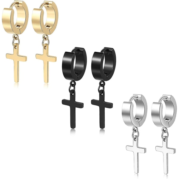 3 par krydsøreringe, rustfrit stål krydsbøjle øreringe til mænd og kvinder, sølv, guld, sort