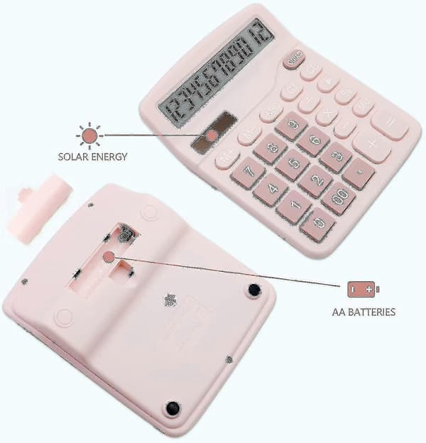 Pink Lommeregner, skrivebordslommeregner 12 cifre med stort LCD-display
