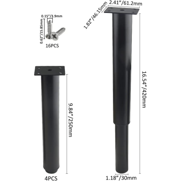 (25-42cm, svart) Set med 4 kraftiga justerbara möbelben i metall