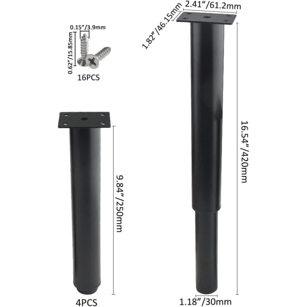 (25-42cm, svart) Set med 4 starka justerbara metallmöbelben