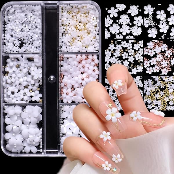 3D Blomsterdekorasjoner for Neglekunst Hvit Hvit