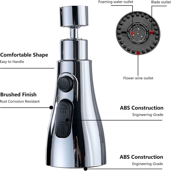 Hanehoved, Køkkenvaskblanderforlænger med 360 graders drejelig tud, 3-positionssprøjtehoved, Vandhane-dyse, Træk ud indstillinger, Brusehoved-aerator