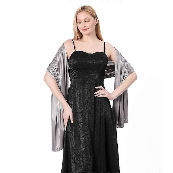 Dam Silke Satin Lång Sjal Omlott Lätt Solid Aftonklänning Bröllopssjal Dark gray