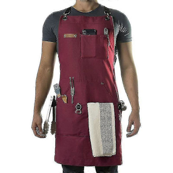 Kock-, Grill- och Arbetsförkläde med Kapsylöppnare och Handduk - Slitstark 10oz Bomullscanvas, Mässingsdetaljer och Korsade Band red