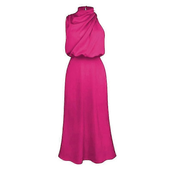 Lång formell sommarklänning i satin för dam, ståkrage, ärmlös, sidoslits, böljande maxiklänningar pink L
