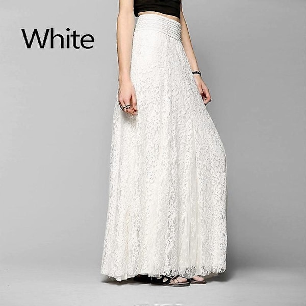 Naisten mekko Maxi Pitkä Pitsi Täysi Boho Hame Laskostettu Ranta Tylli Elegantti S-XL white L