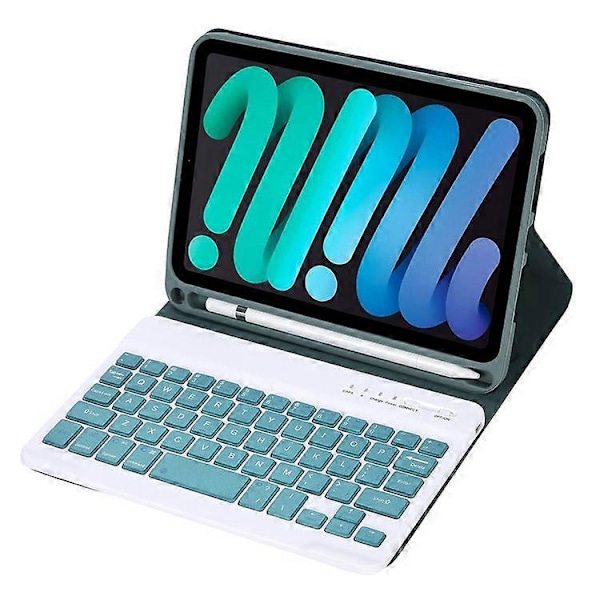 C06B Kompatibelt för iPad mini 6 (2021) Anti-Repskyddande Fodral med Bluetooth-Tangentbord Stötsäkert Ställ Läderfodral med Pe DarkGreen