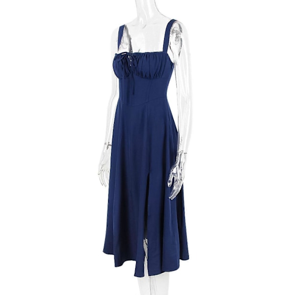 Slip nederdel Dame Sommerkjole Casual Bohos Ærmeløs Spaghetti Strop Lang Strand Solkjole Navy blue S