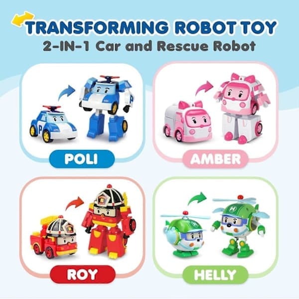 SBSG Robocar Poli 4-pak Poli + Amber + Roy + Helly Transformerrobotlegetøj, 10 cm Transformerende