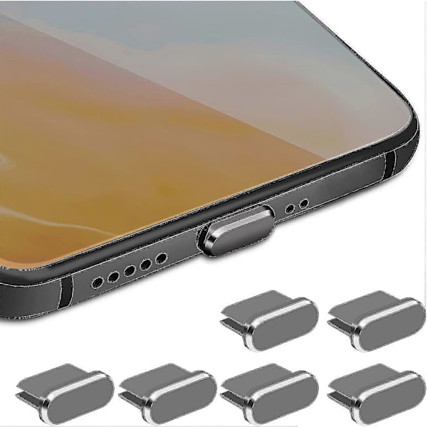 Typ C Dammskyddssats 6 st Aluminiumlegering Usb C Dammskyddskåpor Laddningsportsskydd fi Grey
