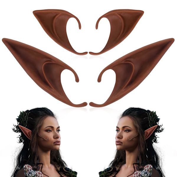 Bruna Alvöron - Kort och Långt Set med Fe-öron, Silikon Vampyröron, Brun Päls för Kvinnor, Cosplay, Renässans Dark brown 2 pairs