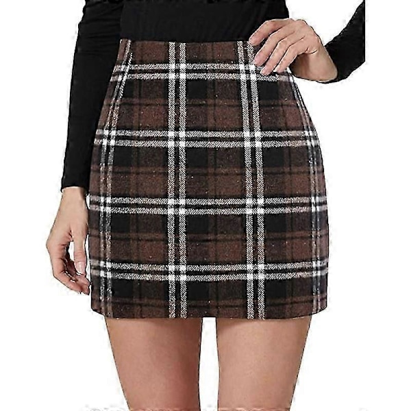 NYTT Dame Høy Midje Rutete Skjørt, Bodycon Blyant Ull Mini Skjørt Brown 2XL