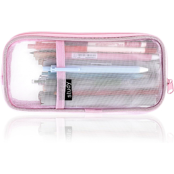 Gitternet Pencil Case Stor Kapacitet Blyantpose Transparent Makeup Pung Kosmetikpung til Studerende Skole College Kontor Pink