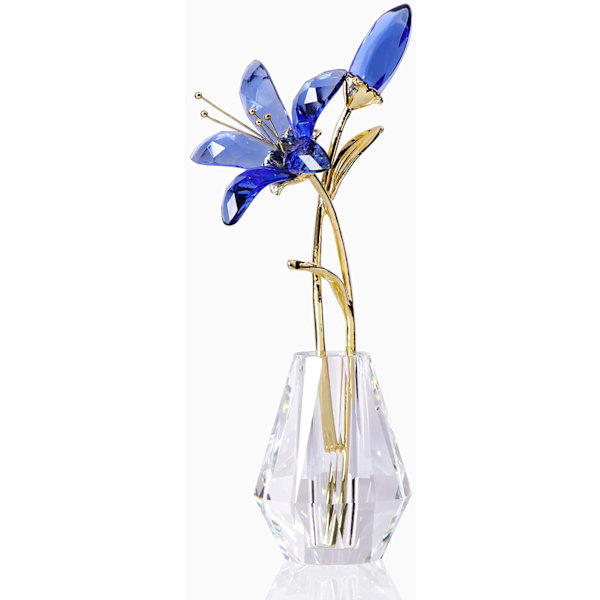 Kristallblomma Figur Lily Blomma Samlarobjekt Present till Kvinnor, Glas Lilium med Kristallvas Metallstam för Hem Bröllopsfest Dekor Blue