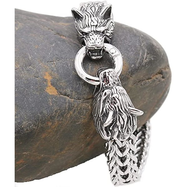 Viking Wolf Head Rannekoru Miesten Ruostumattomasta teräksestä King Ketju Norse Jewelry Biker Amulet Odin's Wolf Rannekorut 19CM