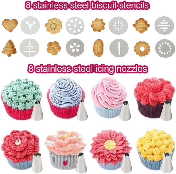 Kakeutstyr i rustfritt stål med 8 kakeformer og 8 dyser for jule-, bursdags- og DIY-kakebaking