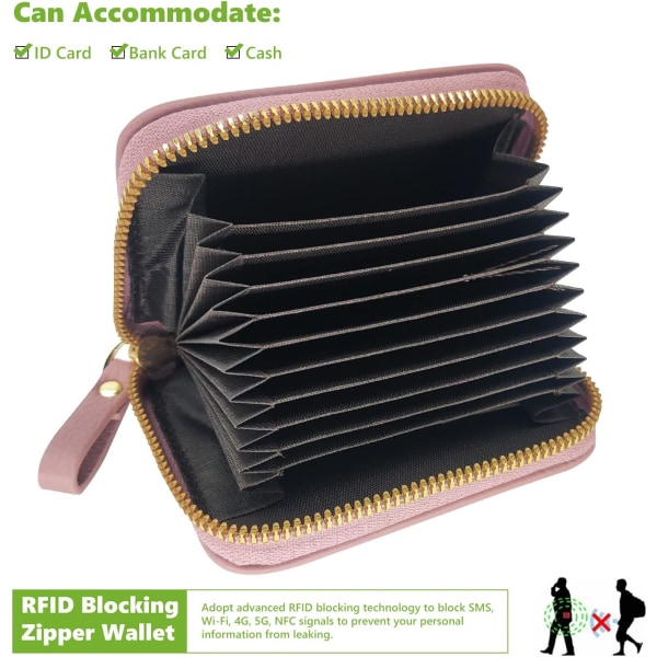 Kreditkortshållare för kvinnor, liten RFID-blockerande damplånbok med dragkedja i rostfritt stål Läder Dragspel Rosa case för kvinnor (ROSA)