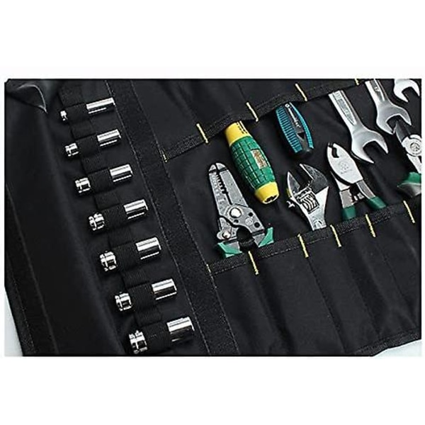 Pyörivä työkalulaukku, 22 taskua, monikäyttöinen organizer, rullaava järjestely, kannettava työkalupussi, ruuvimeisseli, säädettävä jakoavain - musta
