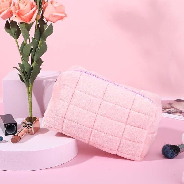Kosmetikväska, söt rutig kosmetisk väska Resekosmetikväska, enkel bärbar toalettväska med stor kapacitet Damkosmetikväska (rosa)