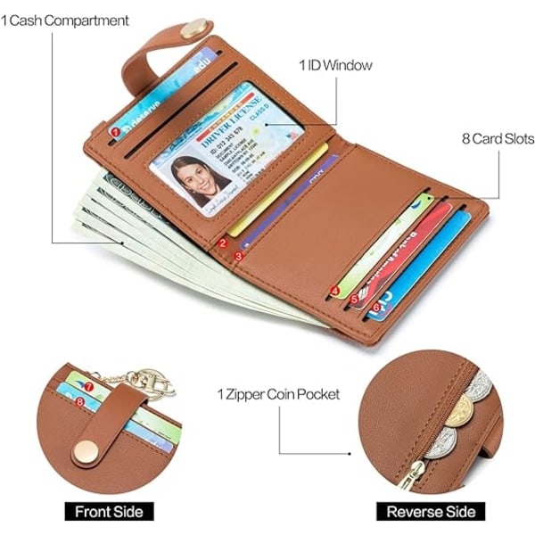 Kvindernes slanke pung RFID-blokerende bifold-kortholder med lynlåslomme til mønter, ID-vindue og nøglering brown
