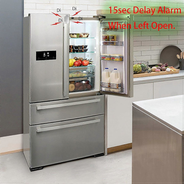 2 kpl Pakastin Oven Ovi Hälytin Vasen Auki, 80~130dB Jääkaapin Oven Hälytin Muistutukset, 5 Työtilaa 3 Äänenvoimakkuustasoa Magneettinen Sisäänkäynnin Anturi Hälytys