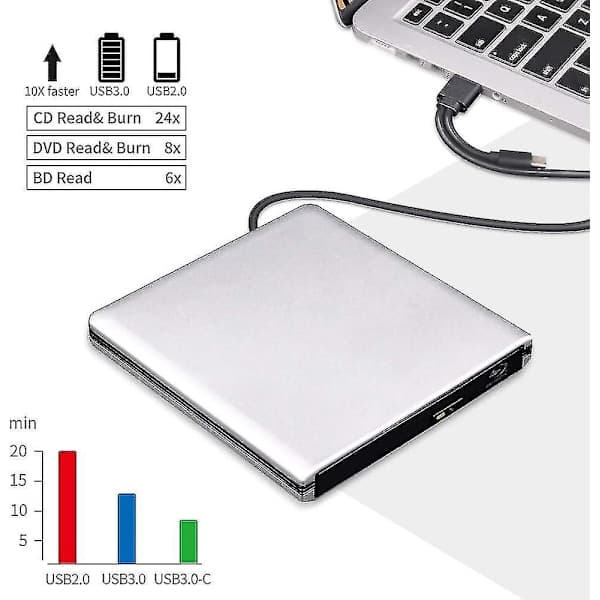 Eksternt Blu-ray DVD-drev 3D, USB 3.0 og Type-C Bluray CD DVD-læser Slankt Optisk Bærbart Blu-ray-drev til Macbook OS Windows XP/7/8/10, Bærbar computer