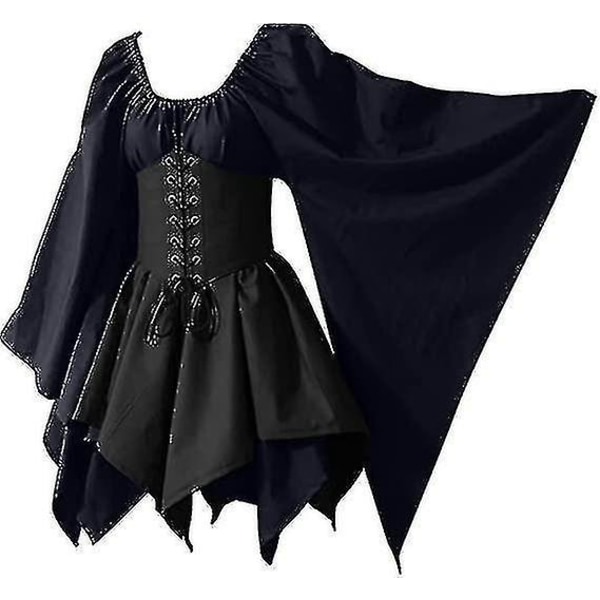 Kvinnors medeltida renässanskostymer Piratkorsettklänning Kvinnor Flare ärm Traditionell irländsk kort klänning Black XL
