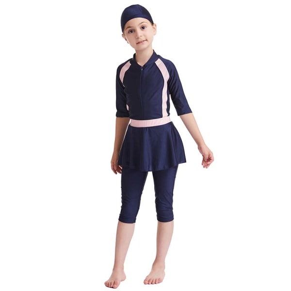 Flickor Barn Baddräkt Modest Swim Swimwear Långärmad Set Navy Blue