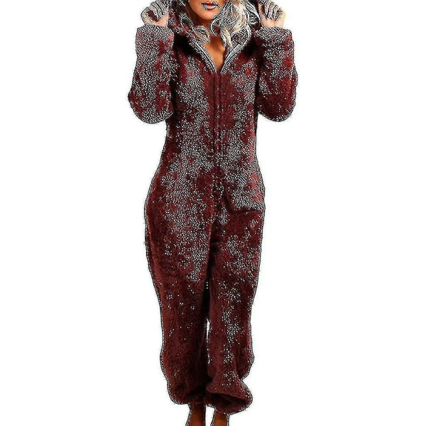 Women Winter Fluffy Fleece Hooded All In One Jumpsuit CMK wine red 2xl