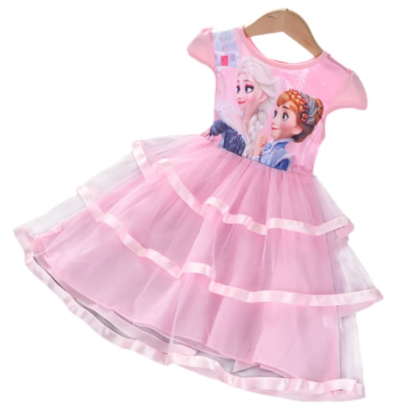 Girl Frozen Princess Dress Rund Hals Kortærmet Puff Nederdel Blue 110CM