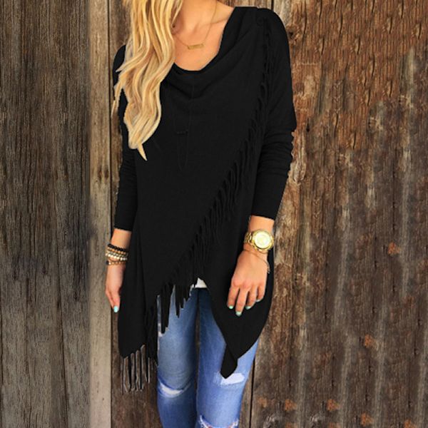 Naisten Stripes Poncho Fall Tupsut Slash Shawl Home Fringe pusero Black L