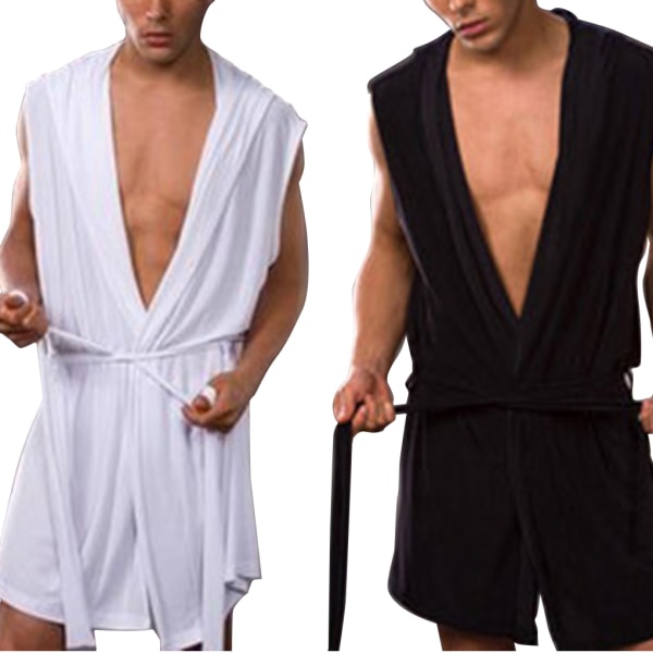Silkeslen badrock för män Pyjamas Huvrock Sovkläder Ärmlös Black M